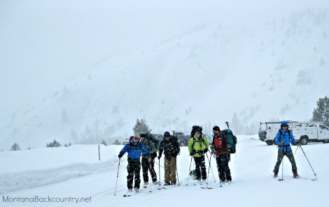Photo of group ready to skin into Wiliams Peak Hut