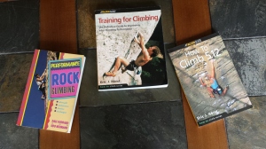 Photo of three training books for rock climbing