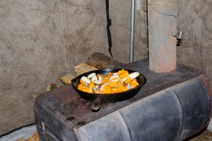 fry pan on wood stove